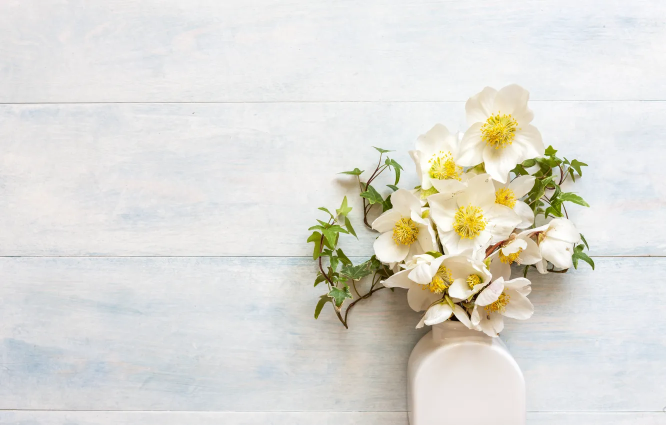 Photo wallpaper flowers, bouquet, vase, white, hellebore