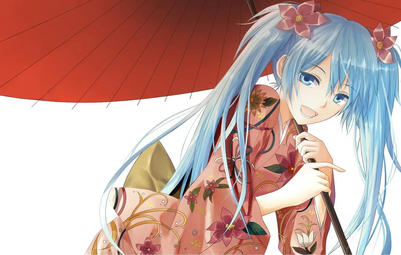 Photo wallpaper smile, white background, kimono, vocaloid, Hatsune Miku, Vocaloid, blue hair, red umbrella