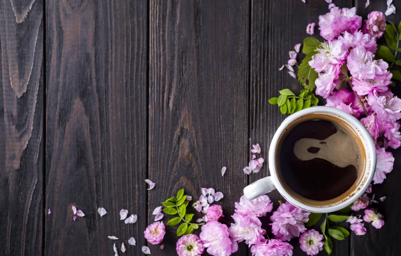 Photo wallpaper flowers, pink, wood, pink, blossom, flowers, coffee cup, a Cup of coffee