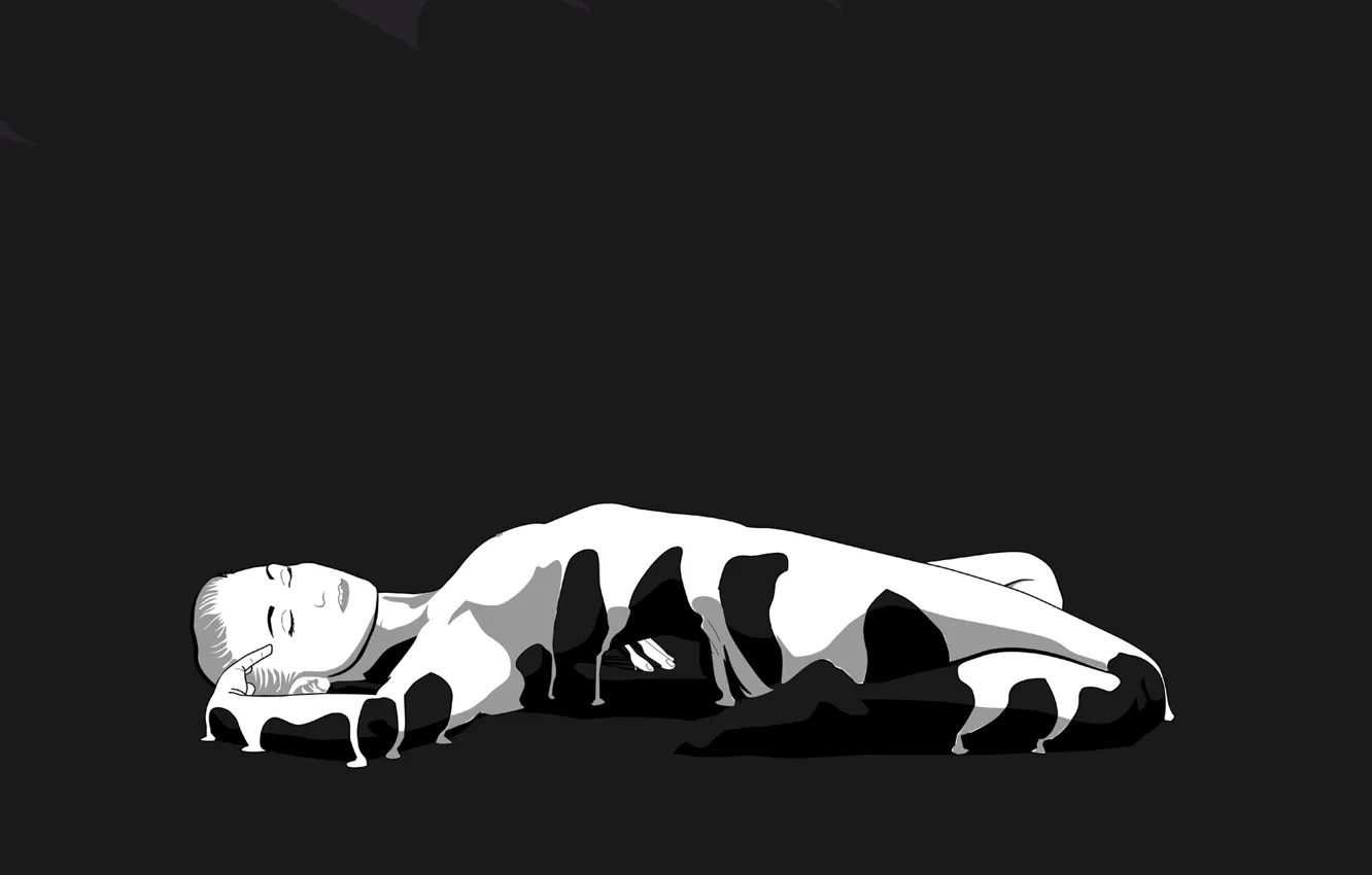 Photo wallpaper pose, woman, figure, black and white, grey background, closed eyes, lying on her back