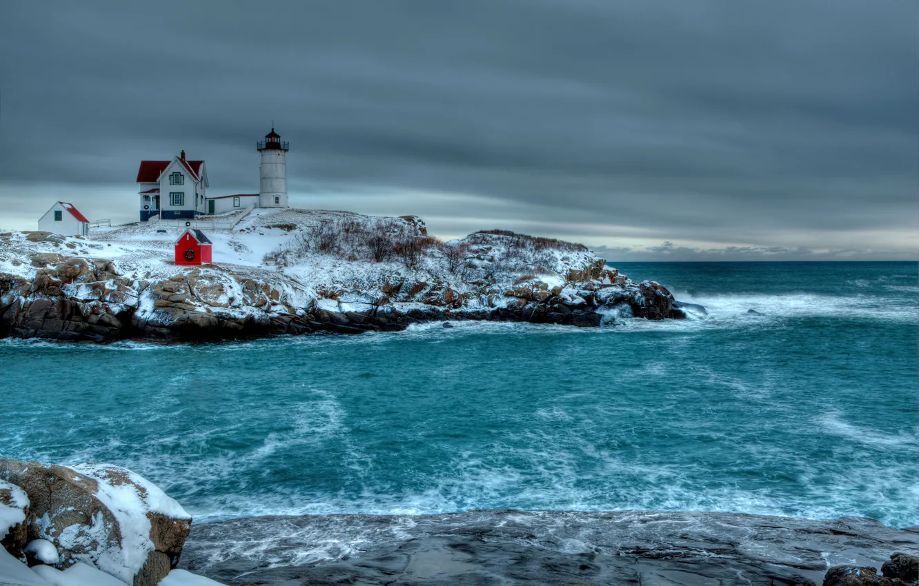 Photo wallpaper winter, sea, the sky, clouds, stones, lighthouse, buildings, rocky shore