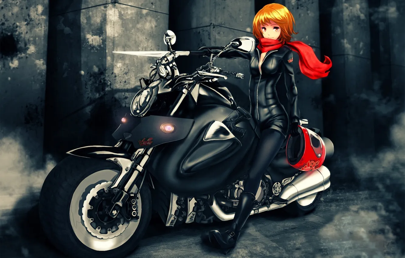 Photo wallpaper girl, red, fog, weapons, sword, scarf, art, motorcycle