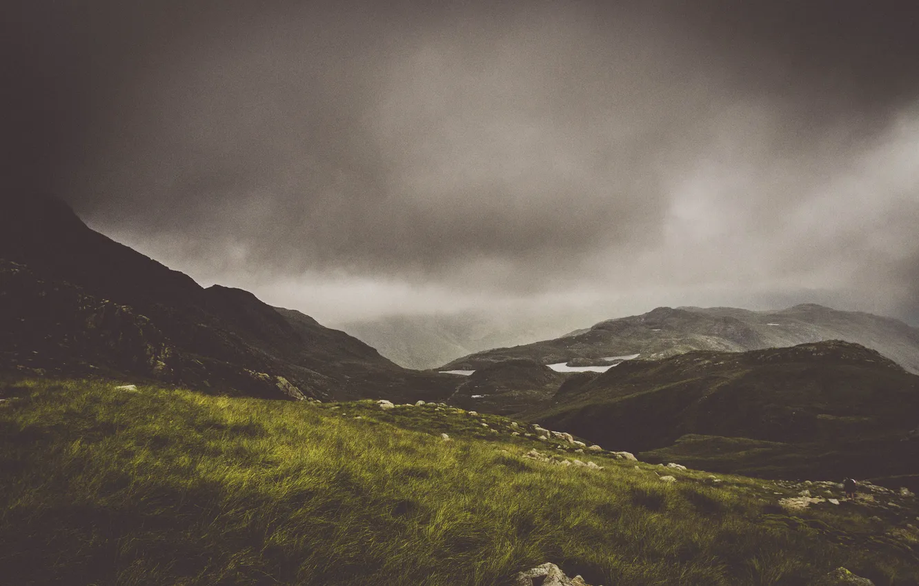 Photo wallpaper the storm, lake, hills