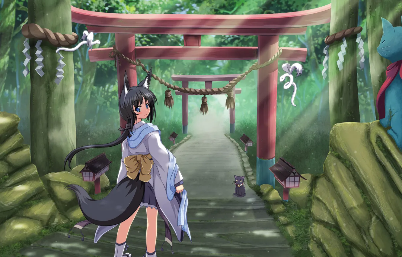 Photo wallpaper cat, cat, landscape, ladder, girl, tail, temple, steps