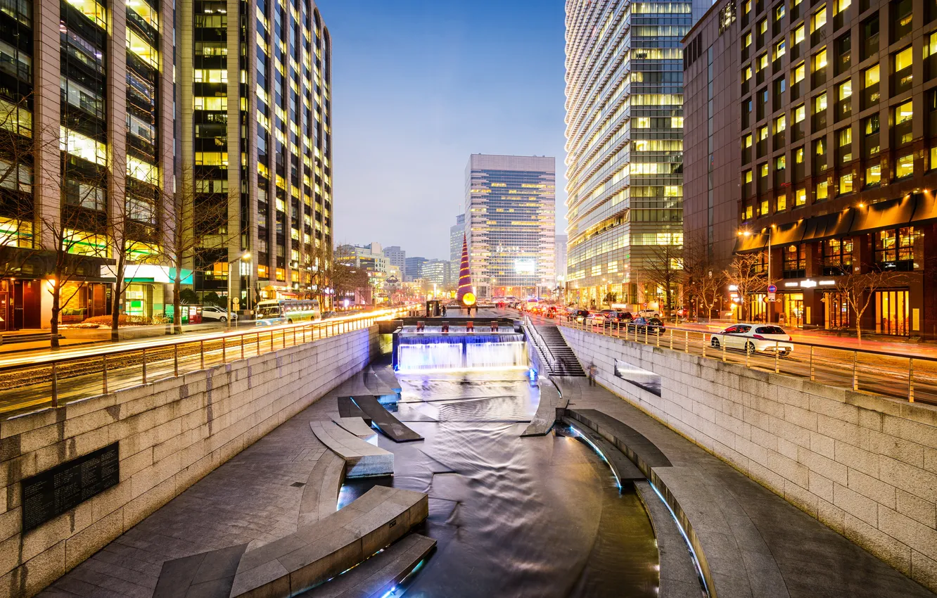 Photo wallpaper lights, waterfall, home, lights, channel, Seoul, street, Seoul