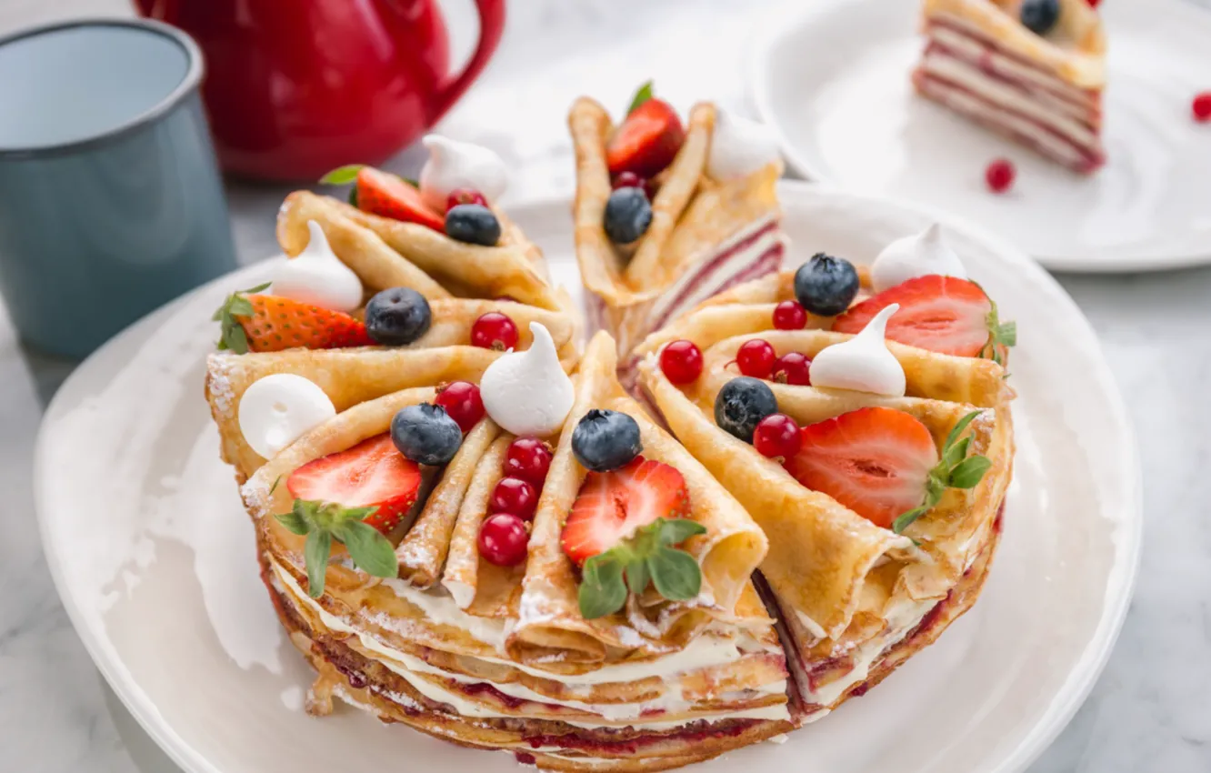Photo wallpaper berries, strawberry, pancakes, blueberries, meringue