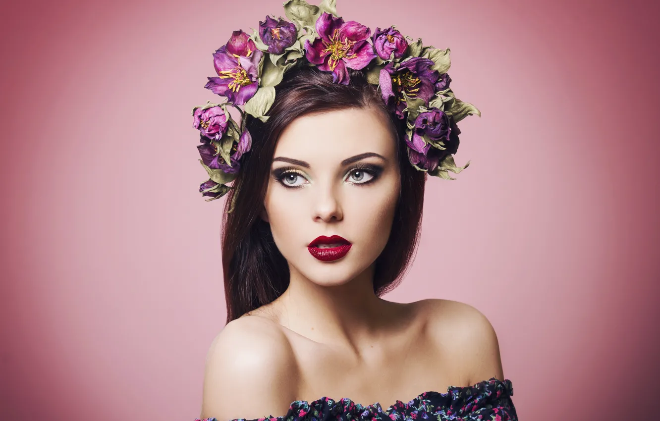 Photo wallpaper eyes, girl, face, background, model, hair, makeup, lipstick