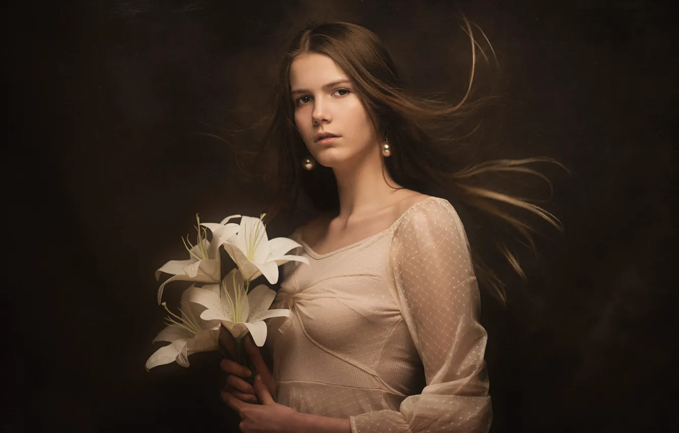 Photo wallpaper look, girl, flowers, face, the dark background, Lily, portrait, bouquet