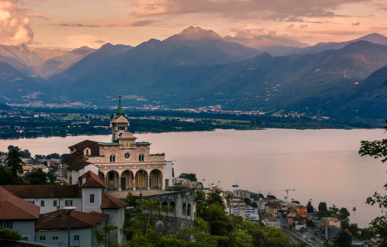 Photo wallpaper mountains, the city, lake, Switzerland, Ticino, Locarno, The monastery Madonna del Sasso, Madonna del Sasso …