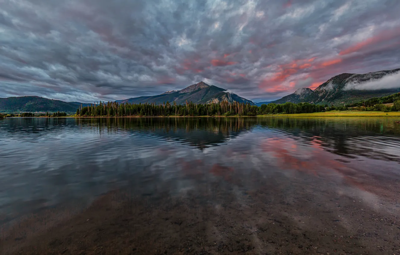 Photo wallpaper autumn, forest, the sky, clouds, mountains, lake, reflection, shore