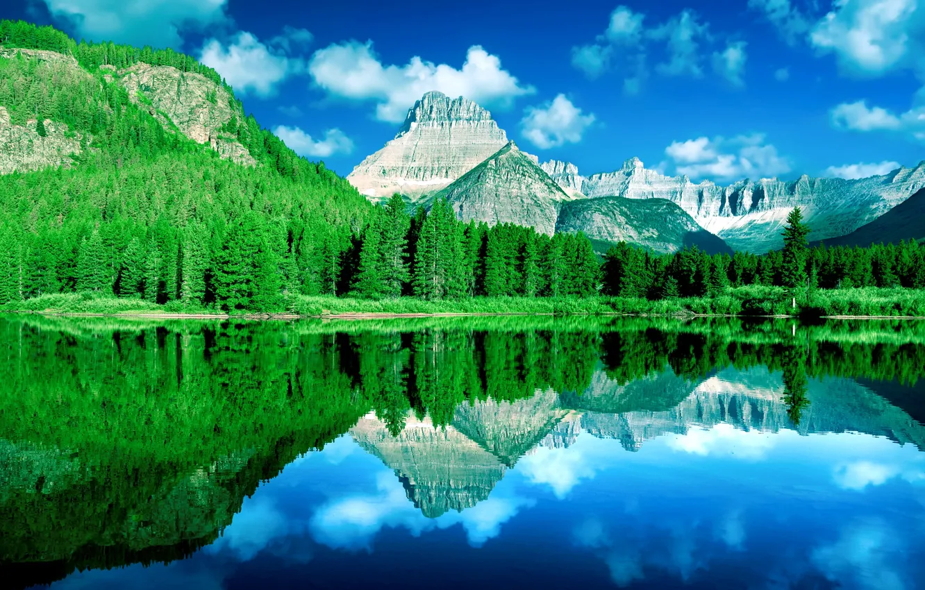 Photo wallpaper forest, mountains, lake, reflection