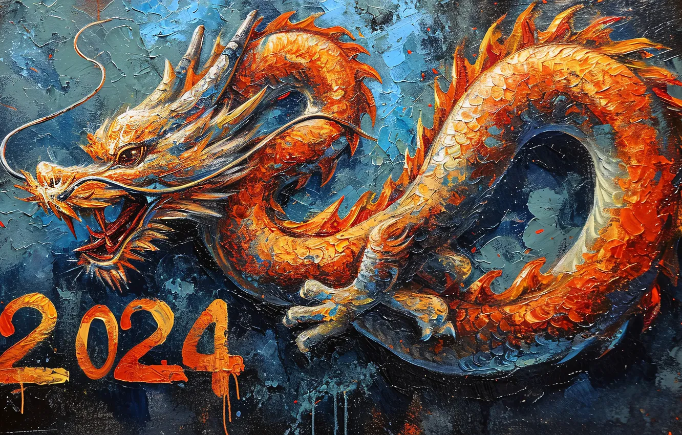 Photo wallpaper face, paint, dragon, new year, fantasy, stains, figures, blue background