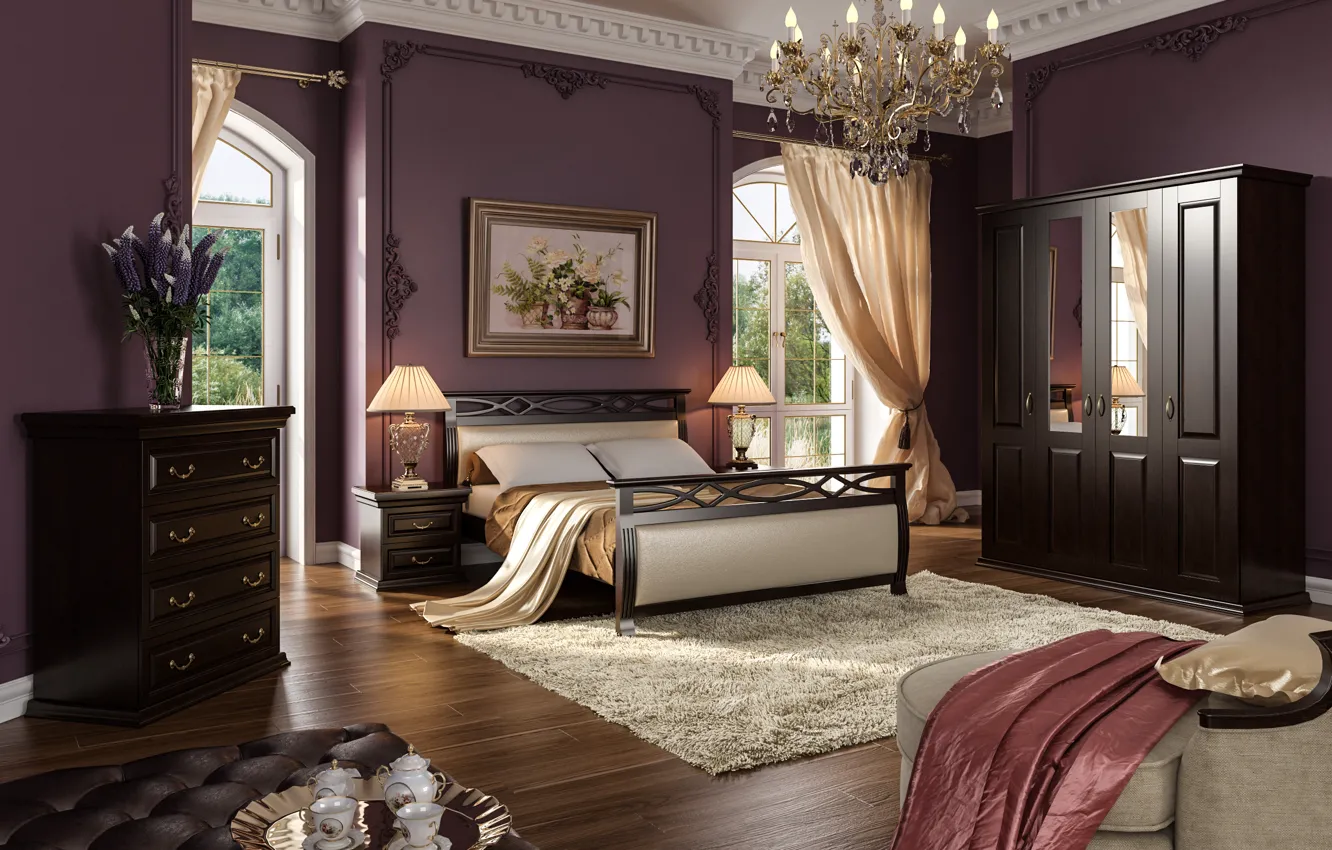 Photo wallpaper flowers, design, furniture, bed, interior, picture, window, chandelier
