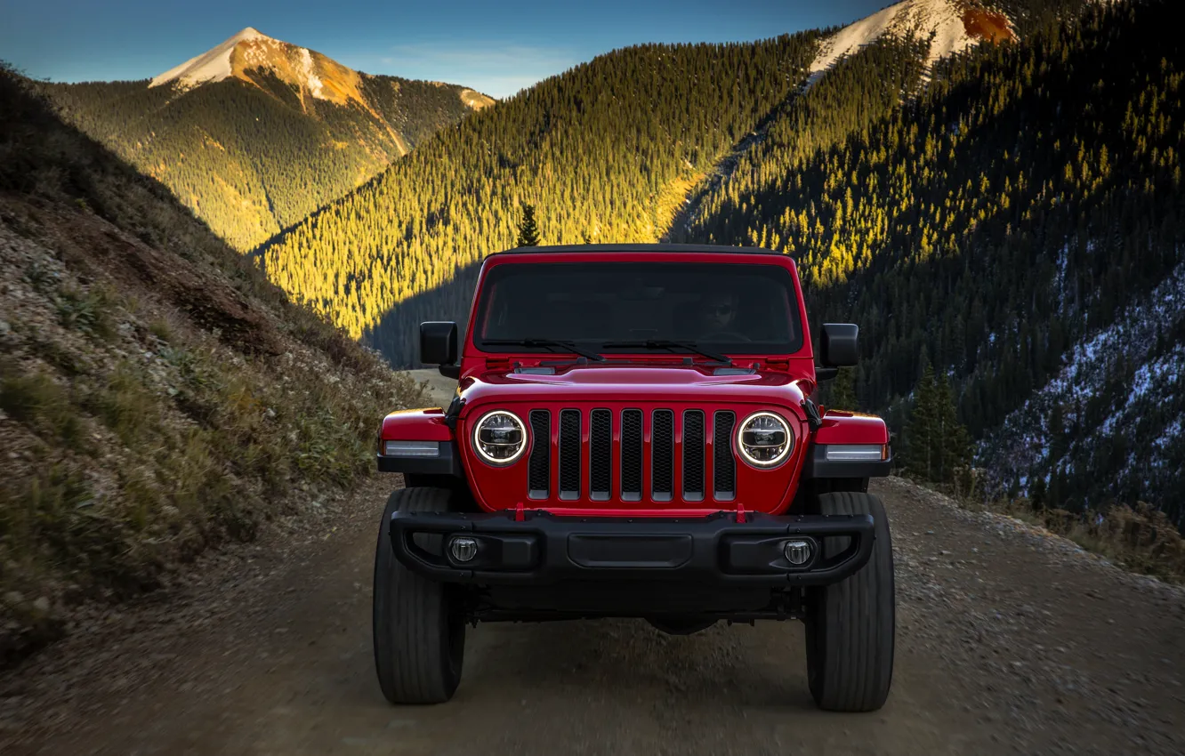 Photo wallpaper the sky, mountains, red, the front, 2018, Jeep, Wrangler Rubicon