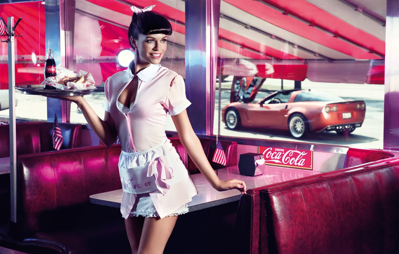 Photo wallpaper machine, girl, flag, window, cafe, the waitress, Coca-Cola