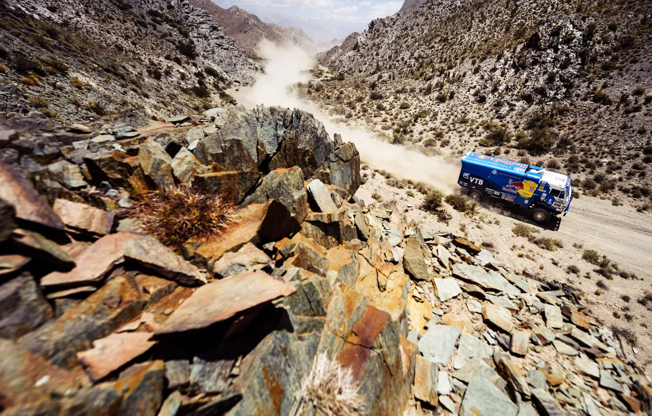 Photo wallpaper Mountains, Blue, Dust, Sport, Machine, Speed, Stones, Truck