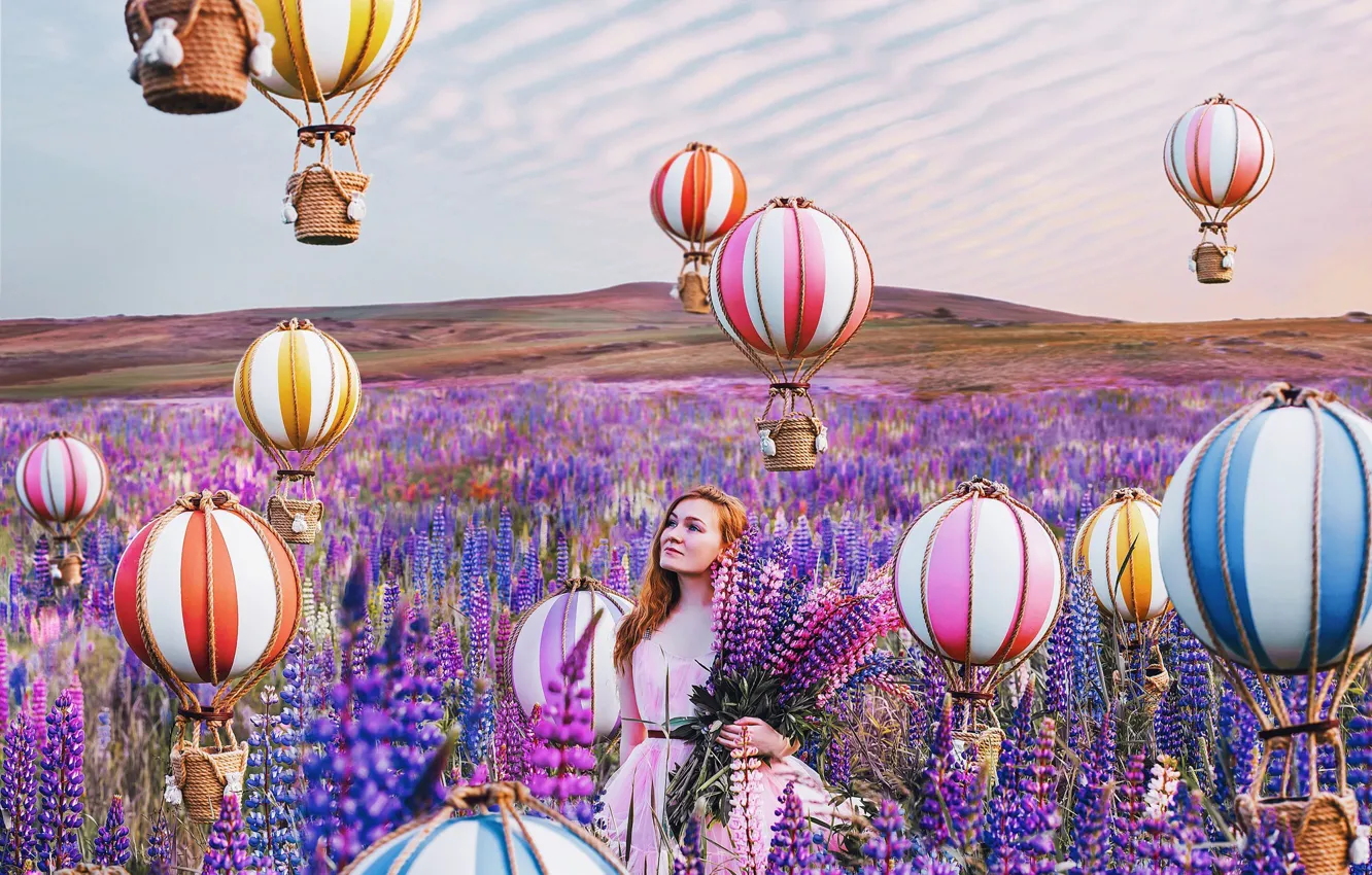 Photo wallpaper girl, flowers, balloons, mood, meadow, lupins, Kristina Makeeva