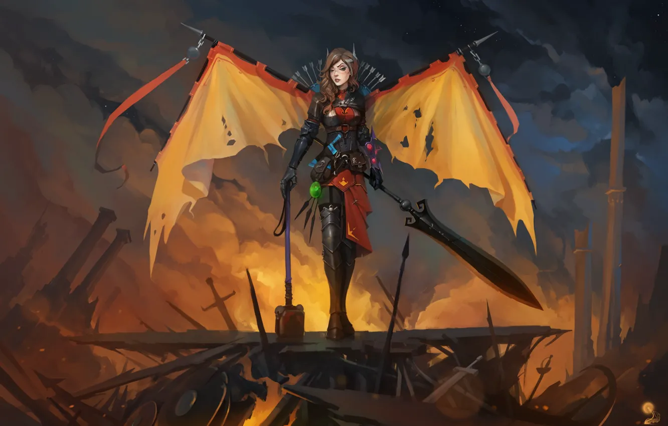 Photo wallpaper girl, wings, sword, hammer, fan art, dota 2, Legion Commander, tresdin