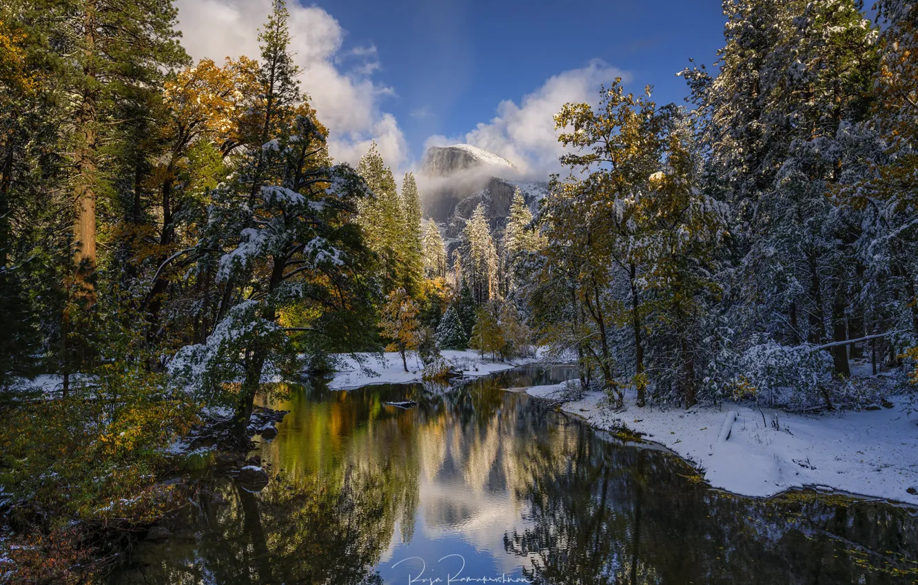 Photo wallpaper forest, snow, trees, reflection, river, mountain, CA, California