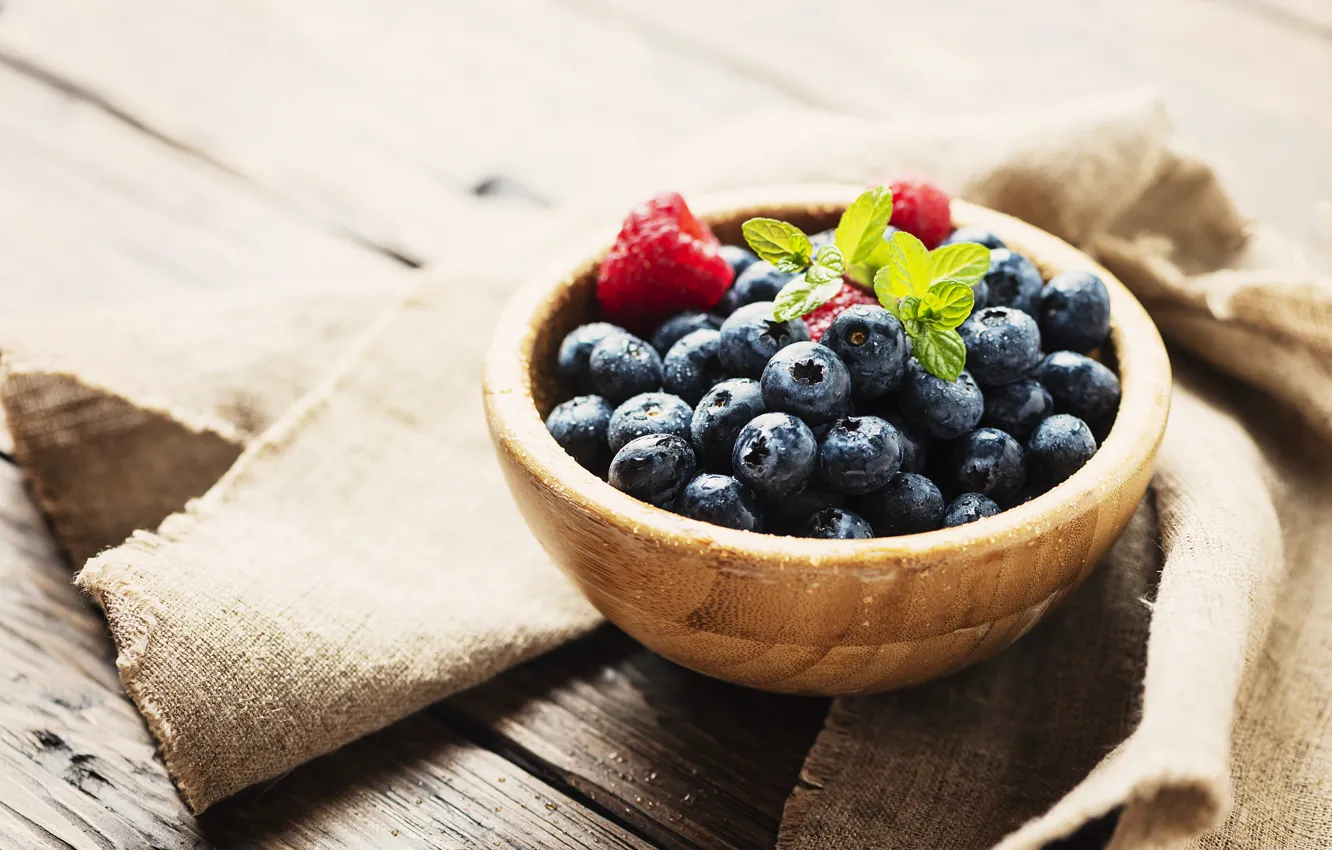 Photo wallpaper berries, table, blueberries, wooden, bowl, Oxana Denezhkina