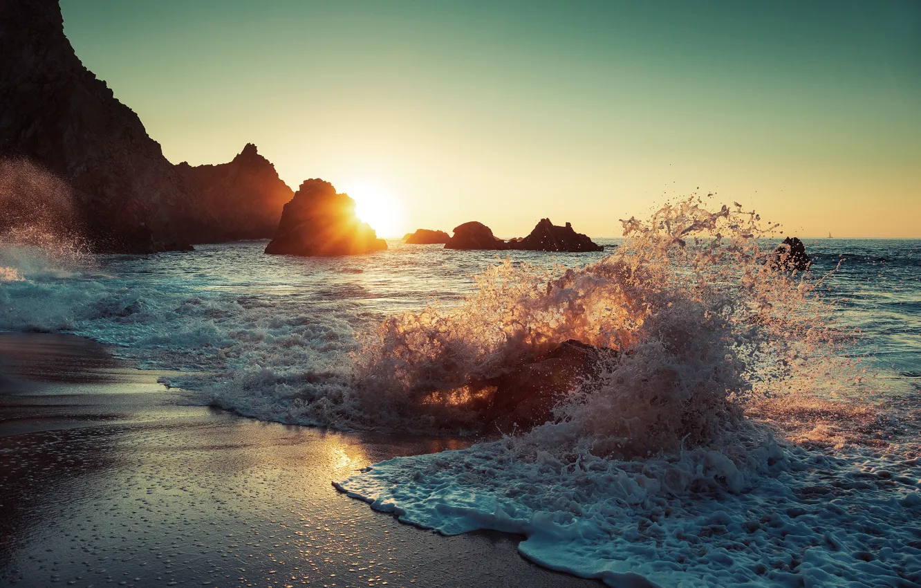 Photo wallpaper sea, wave, beach, the sun, squirt
