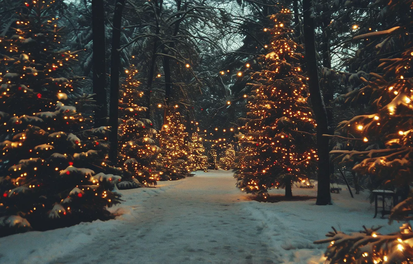 Photo wallpaper winter, forest, snow, tree, new year, ate, Christmas, garland