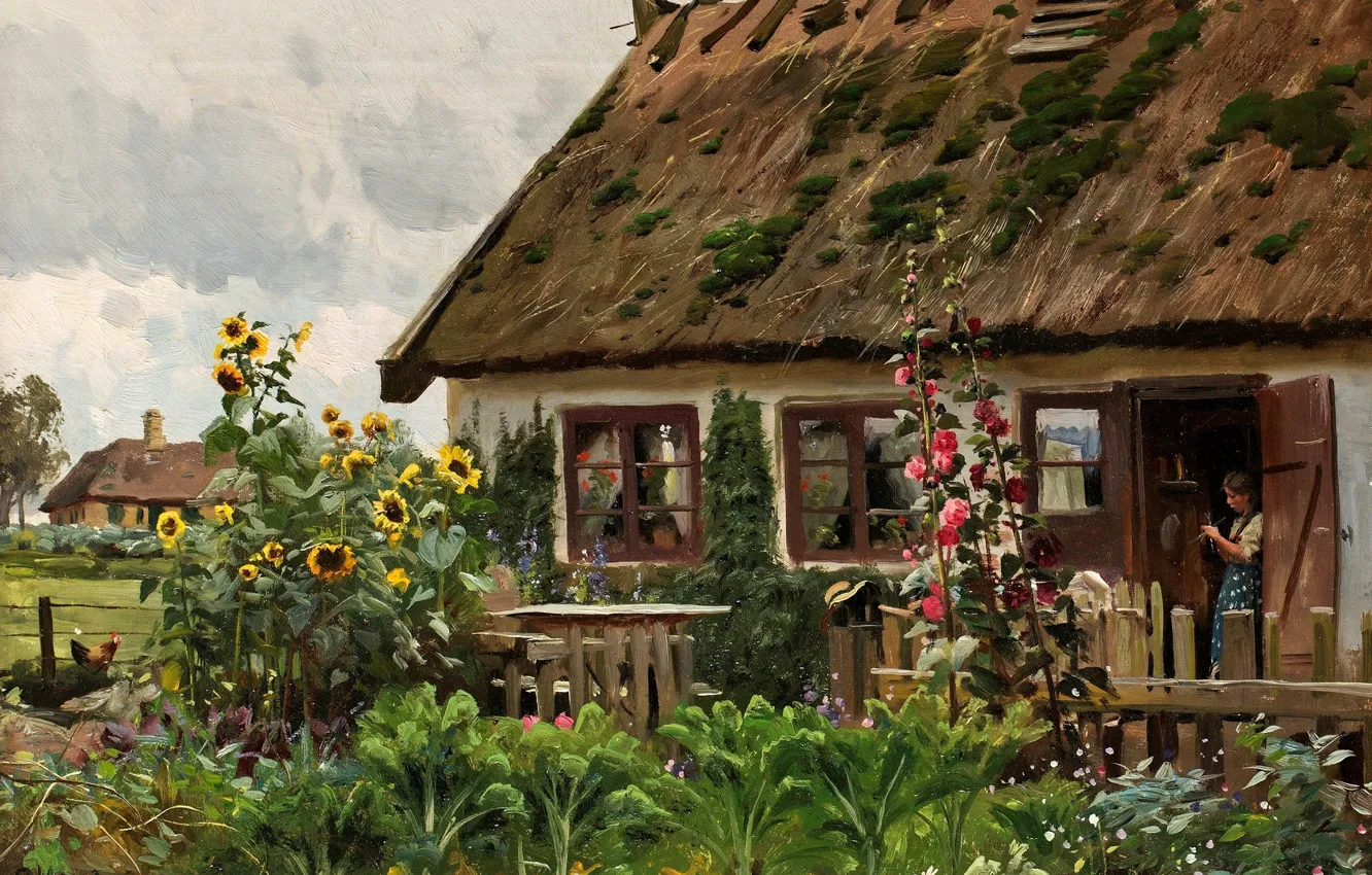 Photo wallpaper landscape, flowers, house, picture, Peter Merk Of Menstad, Peder Mørk Mønsted, Knitting Girl in the …