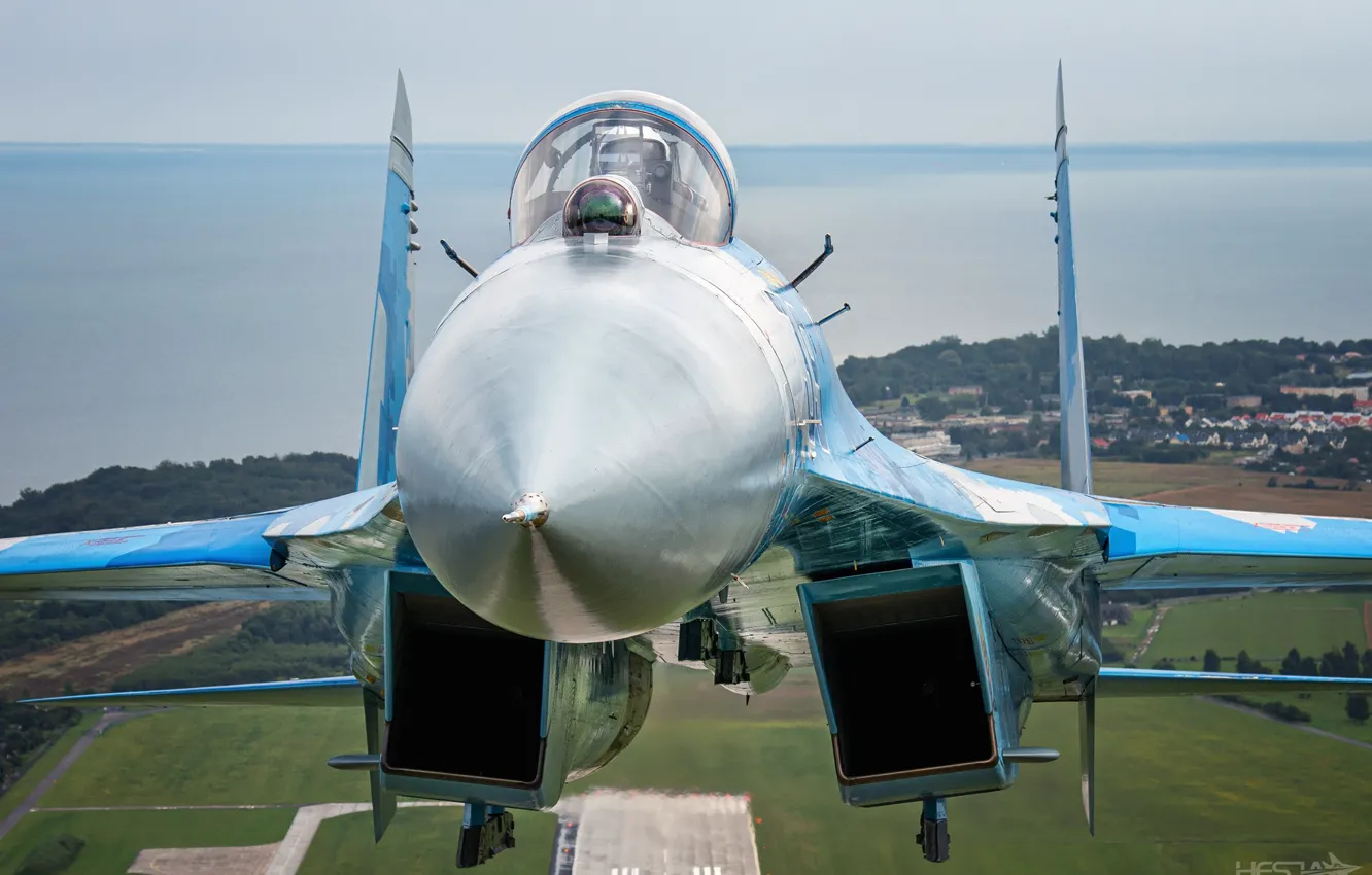 Photo wallpaper sea, fighter, lights, pilot, Ukraine, Su-27, WFP, Cockpit