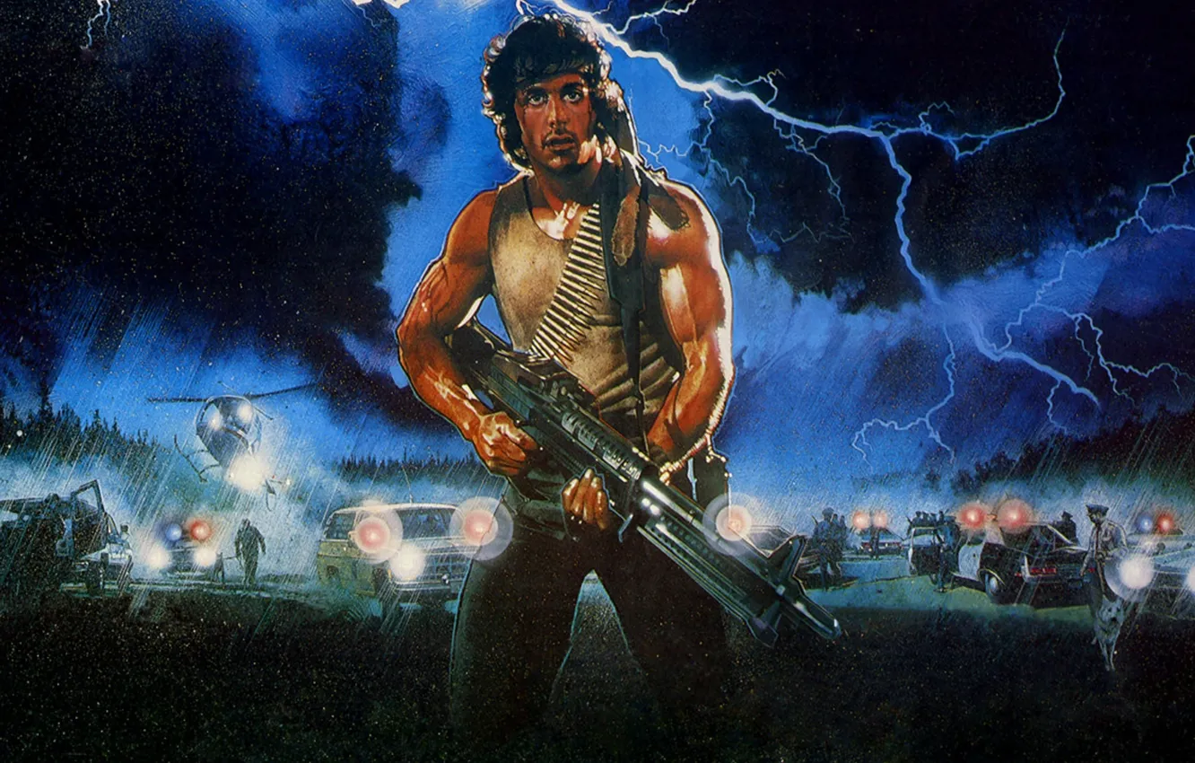 Photo wallpaper the storm, machine, forest, night, weapons, rain, lightning, figure