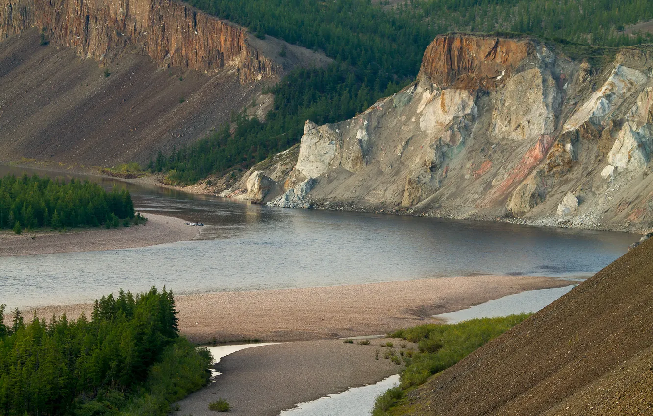Photo wallpaper forest, trees, mountains, river, stones, rocks, shore, boat