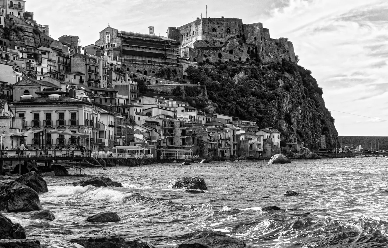 Photo wallpaper rock, house, sea, Italy, monochrome, village, Scilla, Calabria