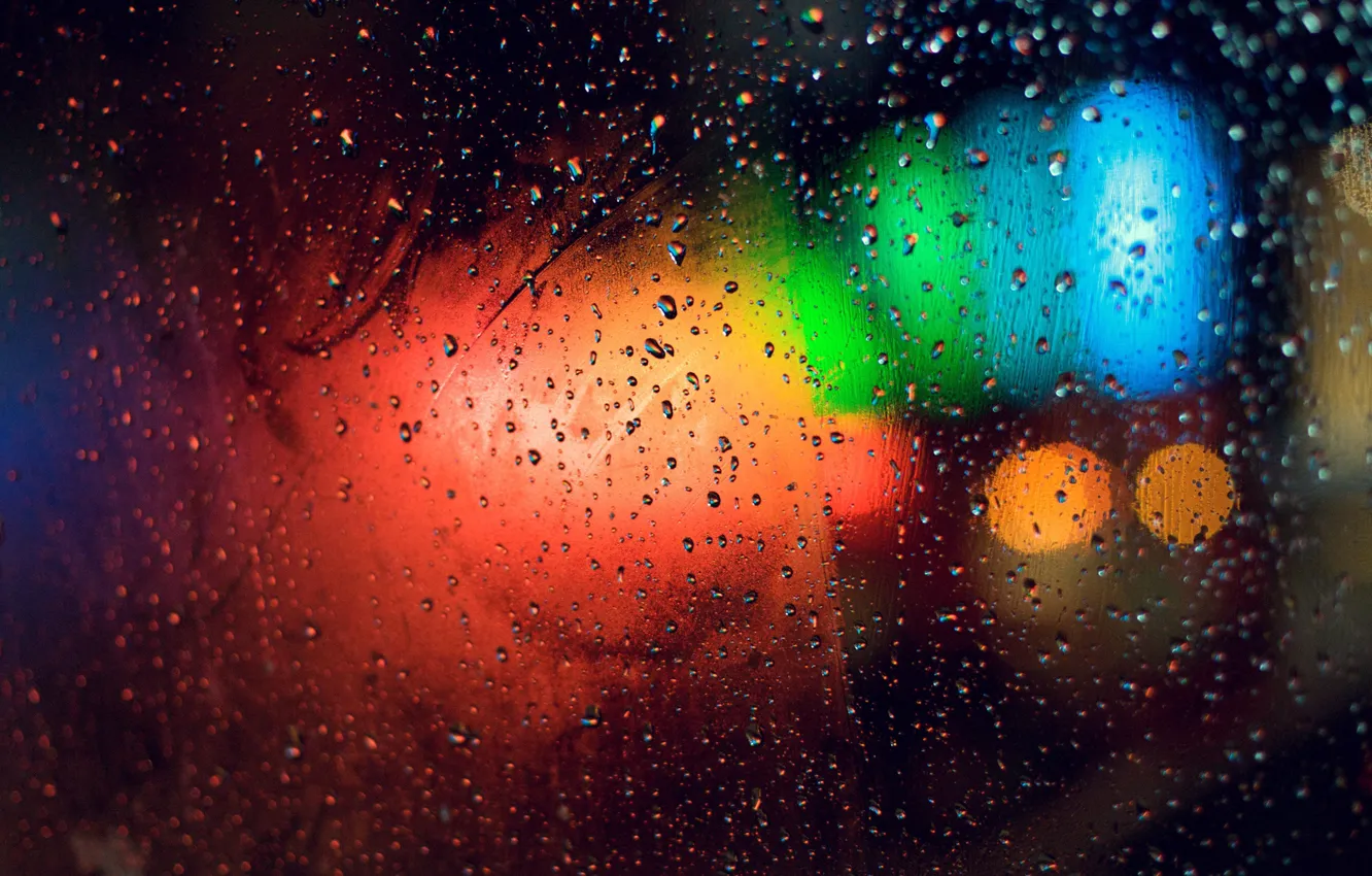 Photo wallpaper glass, color, drops, light, lights, glare, rain, divorce