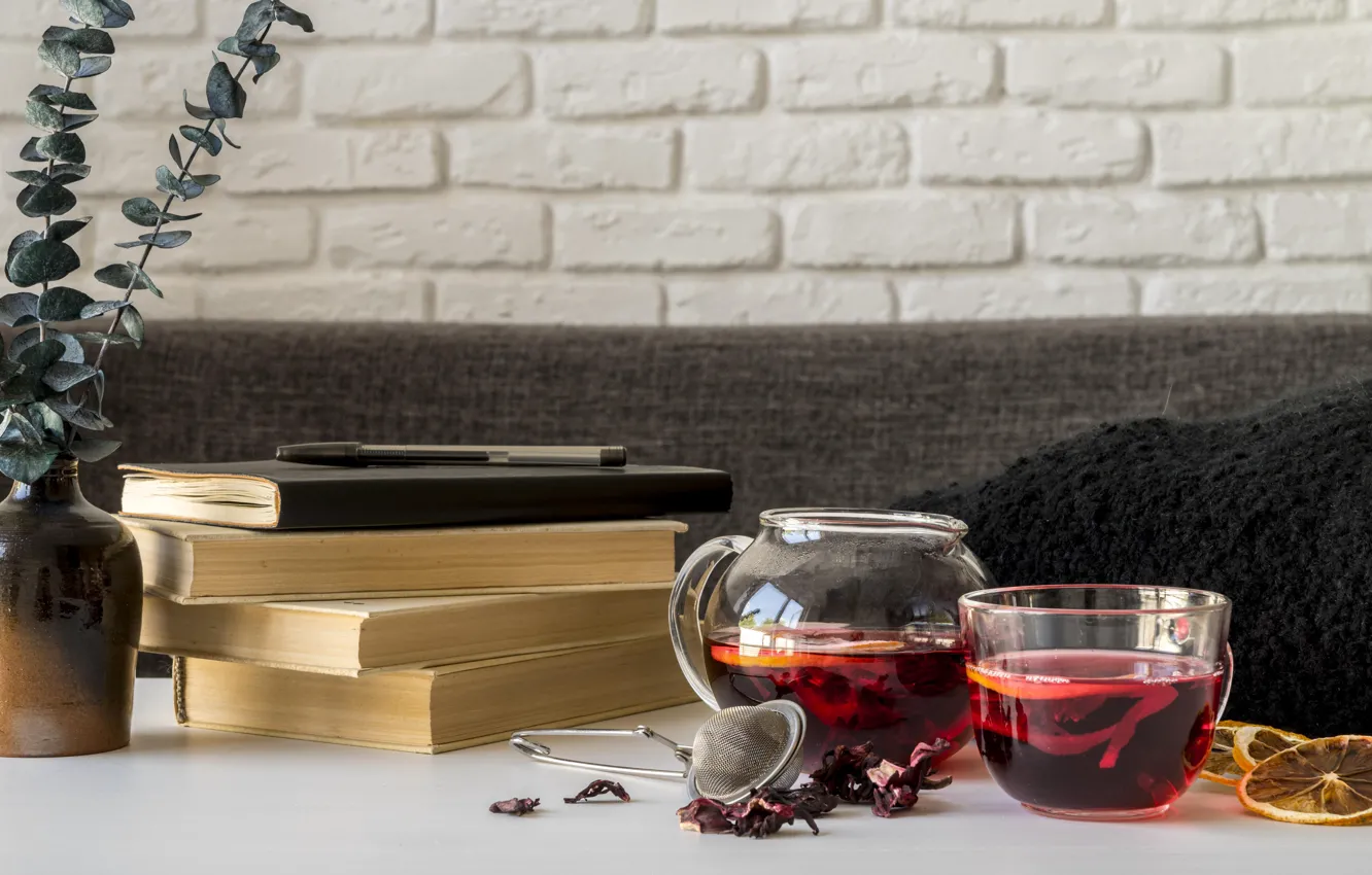 Photo wallpaper table, tea, book