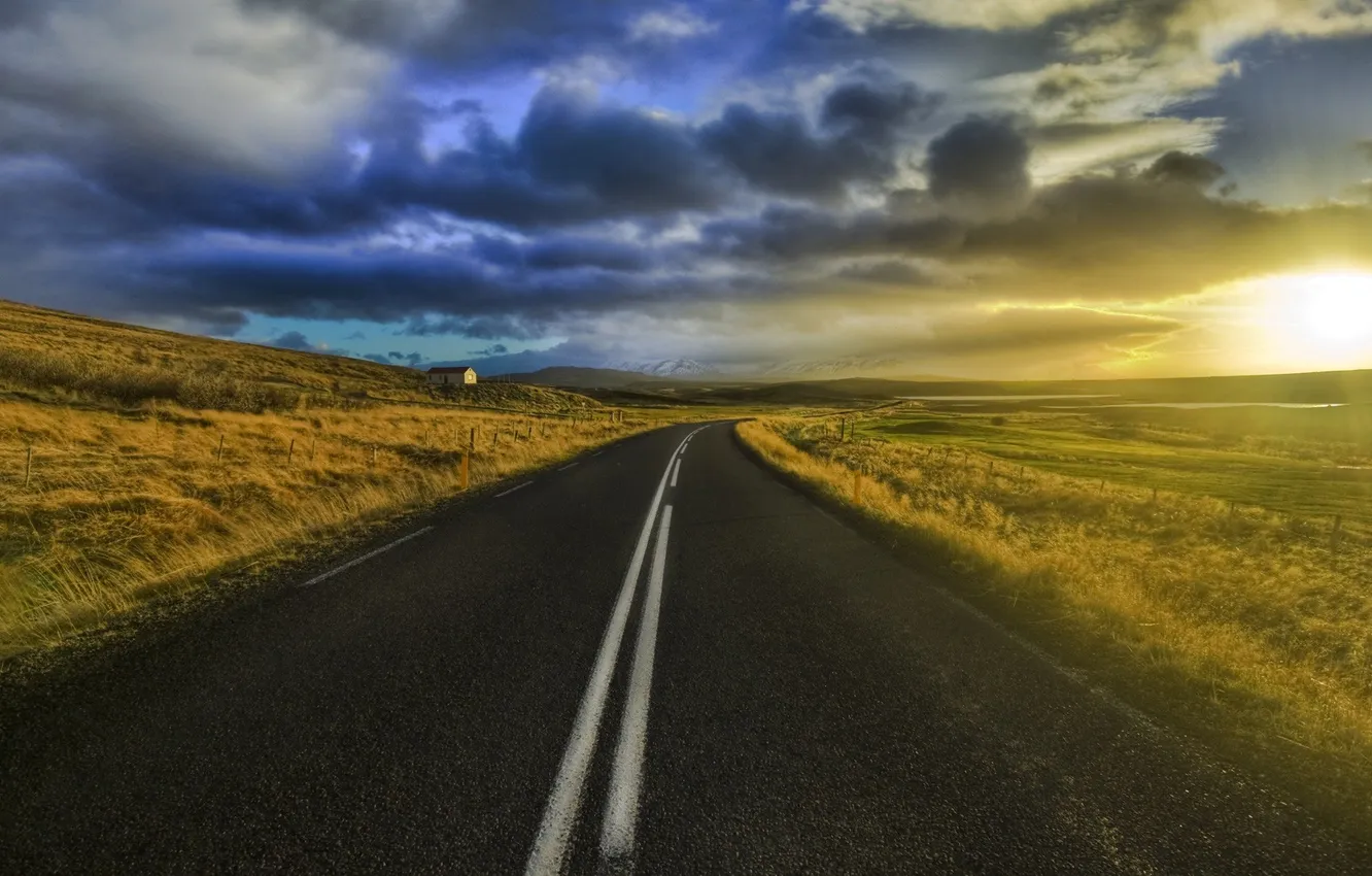 Photo wallpaper landscape, sunset, sunlight