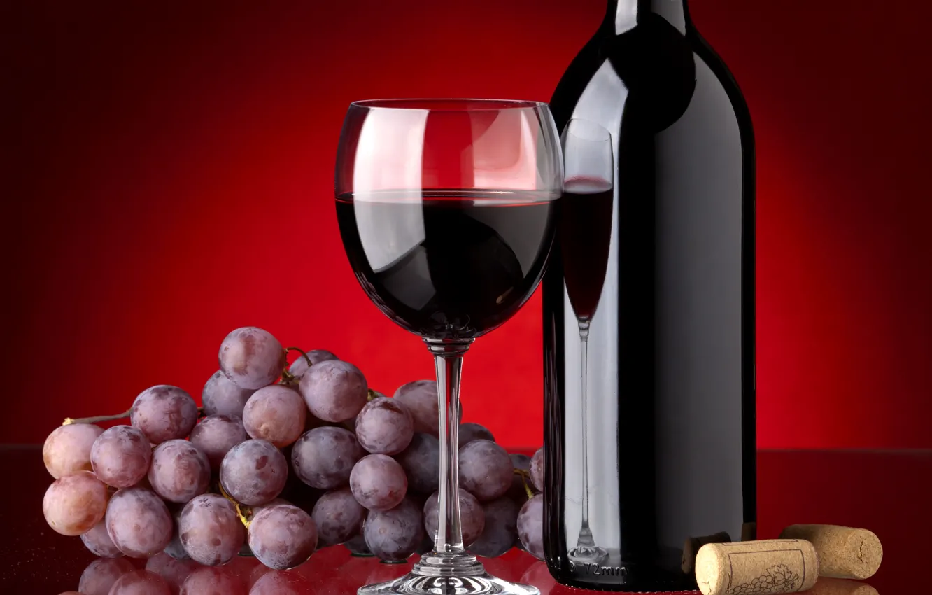 Photo wallpaper red, wine, glass, bottle, grapes, tube