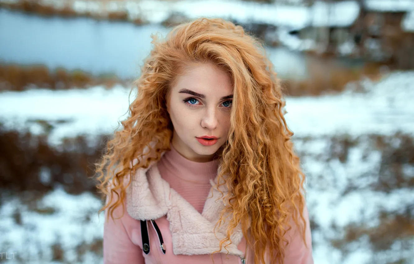 Photo wallpaper winter, look, snow, background, model, portrait, makeup, jacket