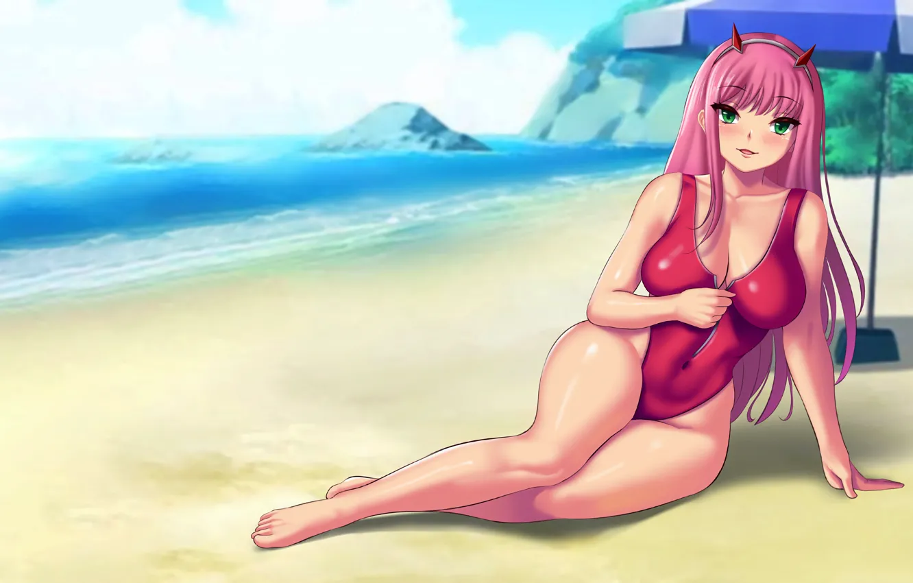 Photo wallpaper girl, sexy, cleavage, beach, pink hair, green eyes, long hair, sea