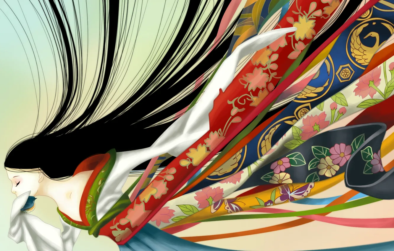 Photo wallpaper tape, kimono, long hair, art, Green Glass, ozora