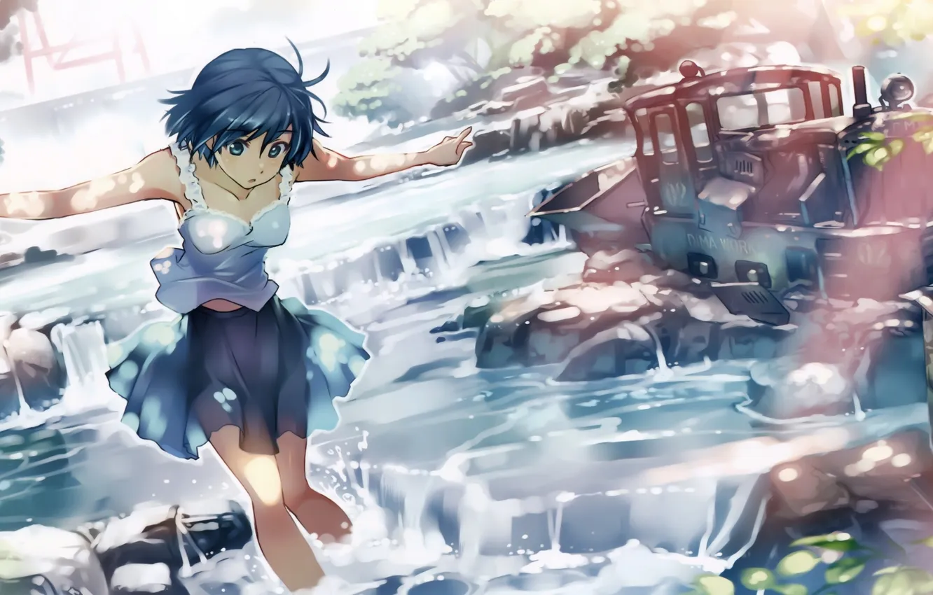 Photo wallpaper machine, girl, jump, waterfall