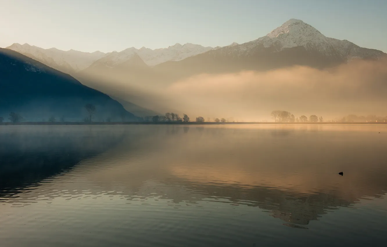 Photo wallpaper mountain, lake, fog, hills, sunrise