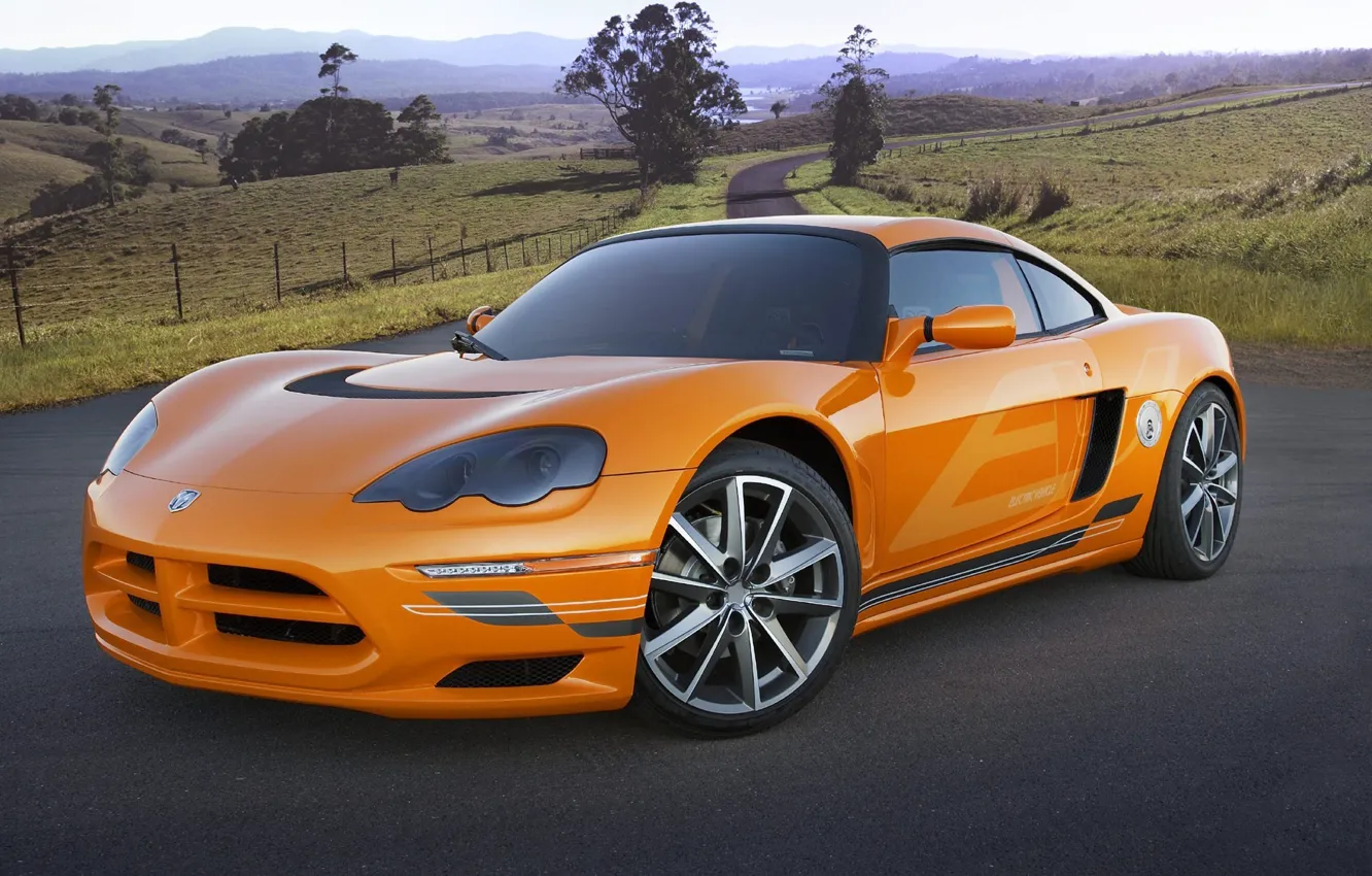 Photo wallpaper road, orange, Dodge, sports car