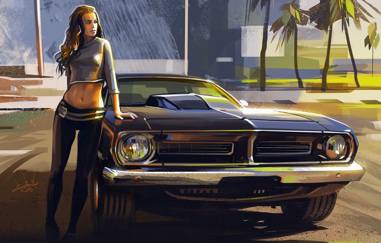Photo wallpaper car, girl, art