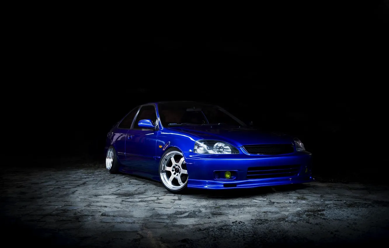 Photo wallpaper Honda, Blue, Front, Tuning, Civic, Honda Civic, Dark Background, Black Background