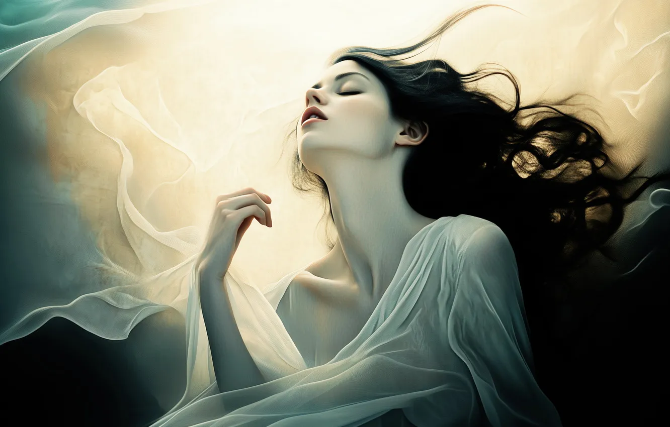 Photo wallpaper girl, pose, fabric, closed eyes, flowing hair, AI art, neural network