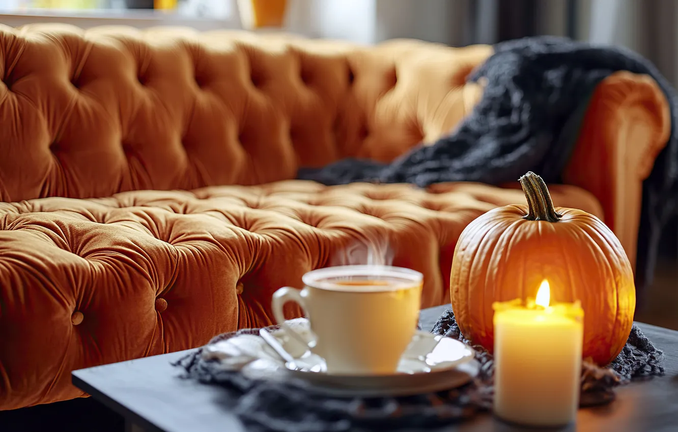 Photo wallpaper table, sofa, coffee, candles, Cup, pumpkin, Halloween, table