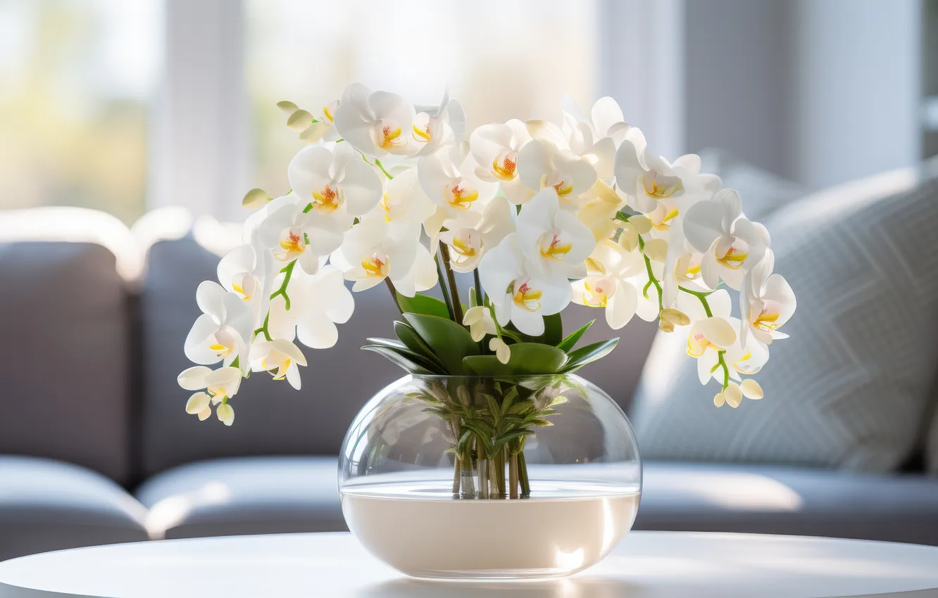 Photo wallpaper flowers, table, bouquet, vase, white, Orchid, AI art, neural network