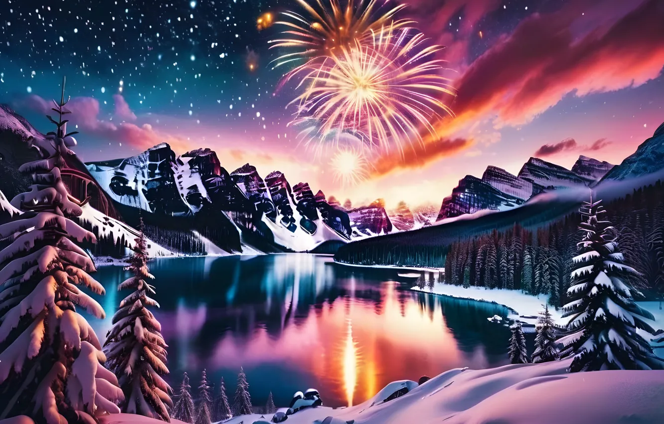 Photo wallpaper winter, frost, forest, the sky, stars, clouds, light, snow