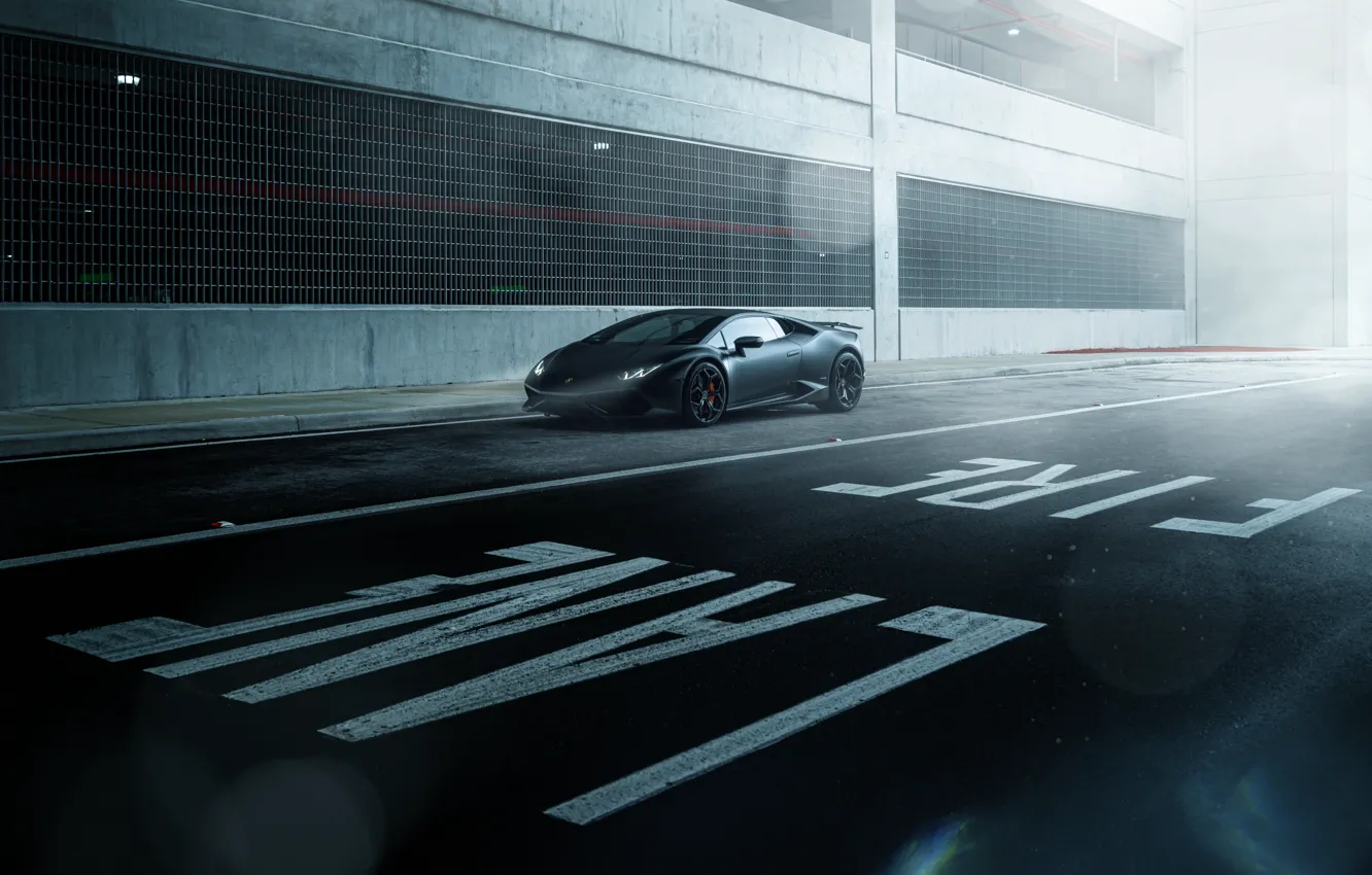 Photo wallpaper Lamborghini, Dark, Front, Black, Color, Road, Supercar, Wheels