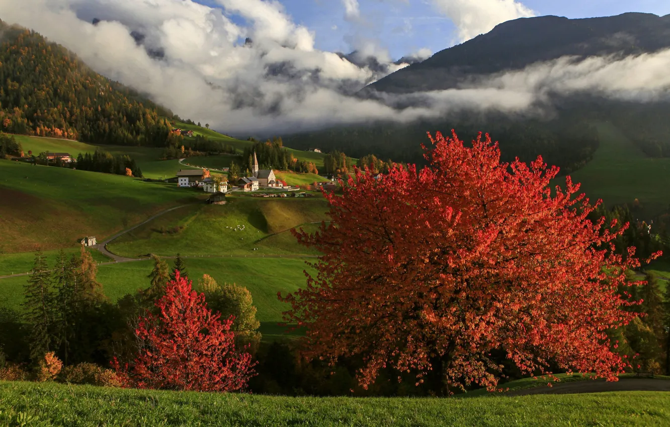 Photo wallpaper autumn, clouds, landscape, mountains, nature, home, village, pasture