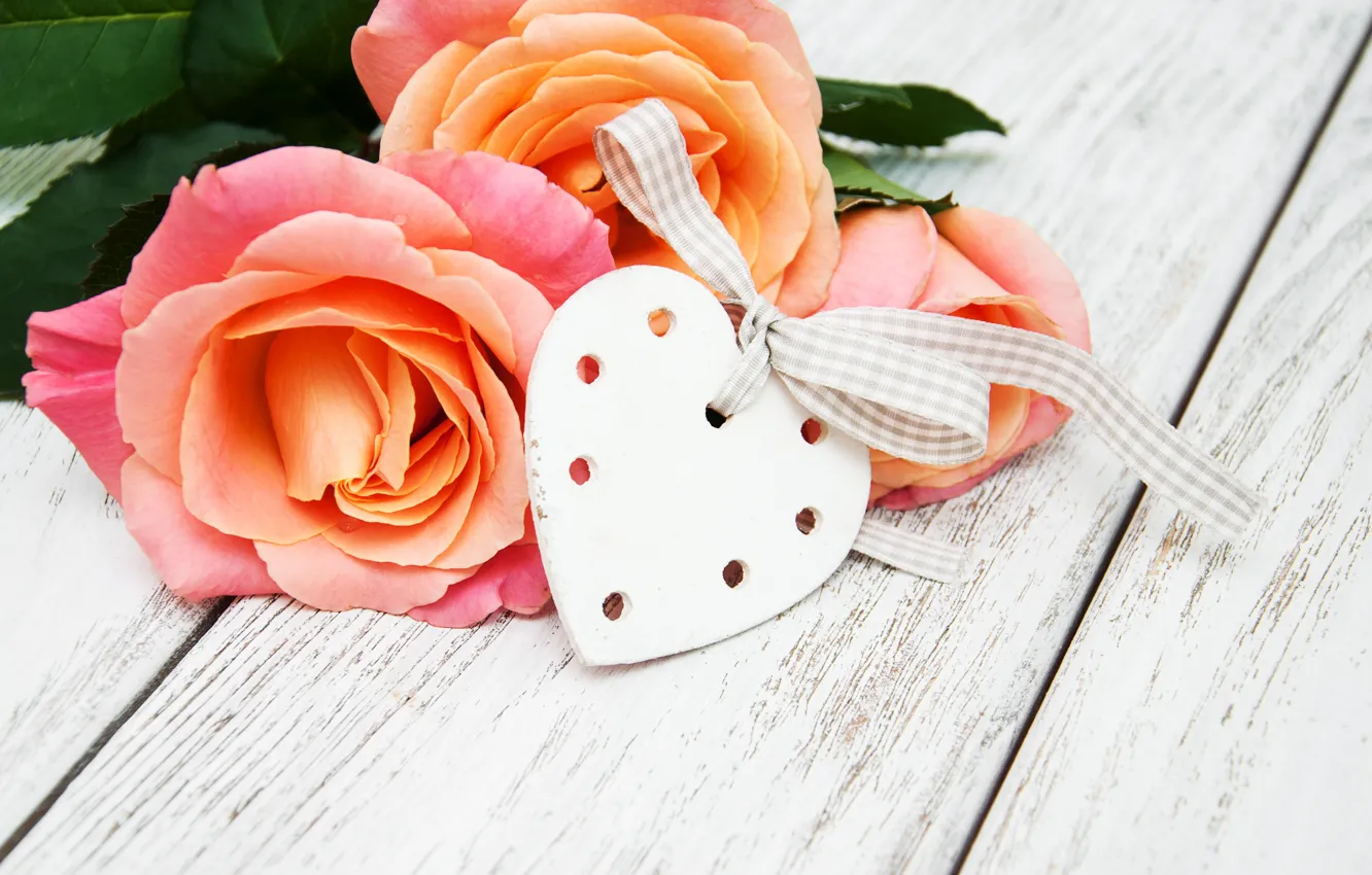 Photo wallpaper flowers, heart, roses, love, heart, wood, pink, romantic